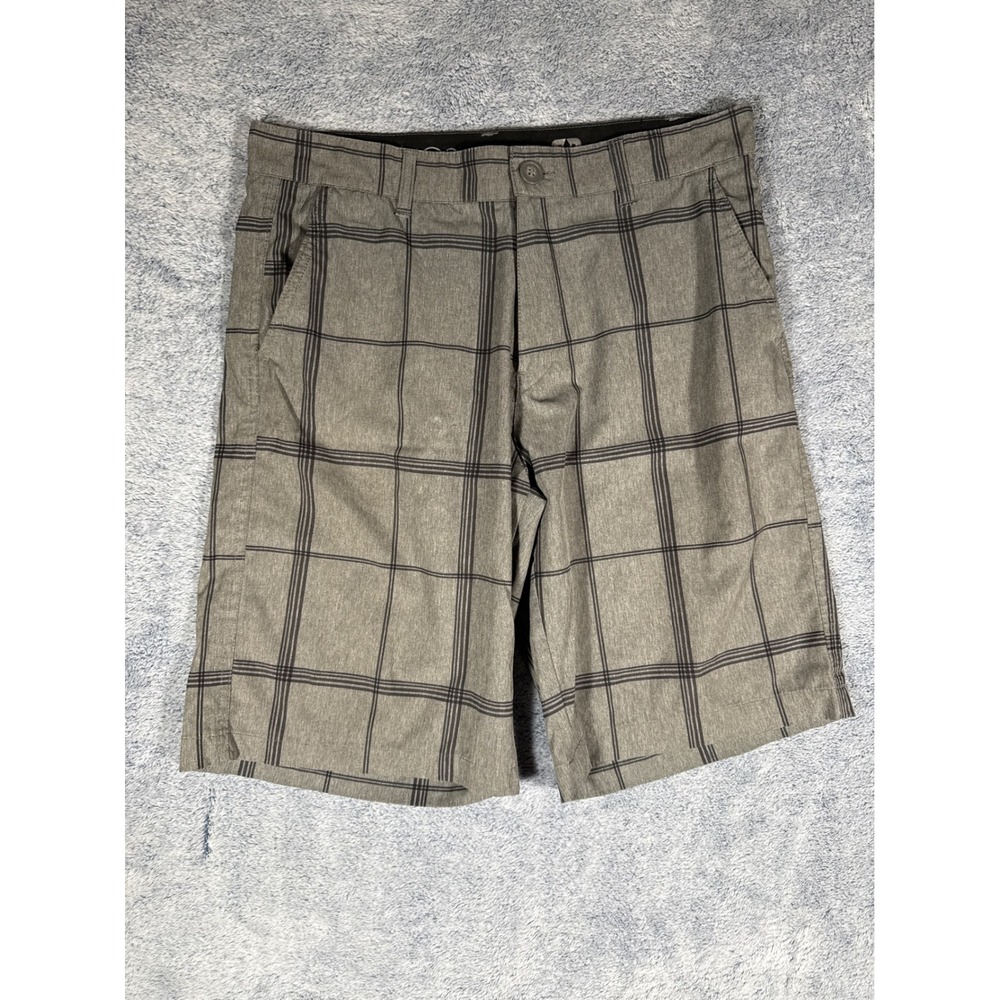 Ocean Pacific OPFlex Mens Grey Plaid 4-Way Stretch Hybrid Board Shorts Size 32